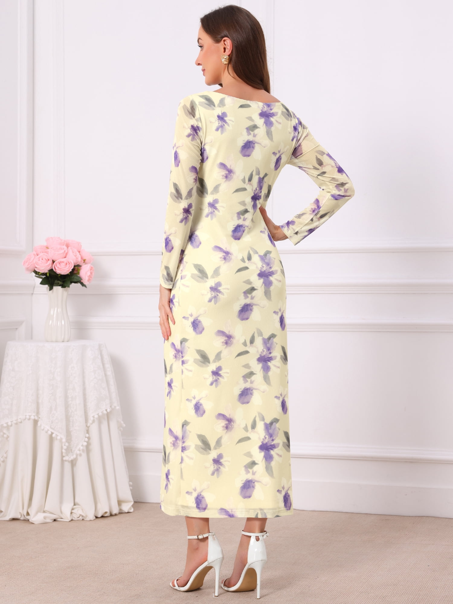 DARING DIVA Women's Floral Bodycon Long Sleeve Boat Neck Mesh Dress L Beige