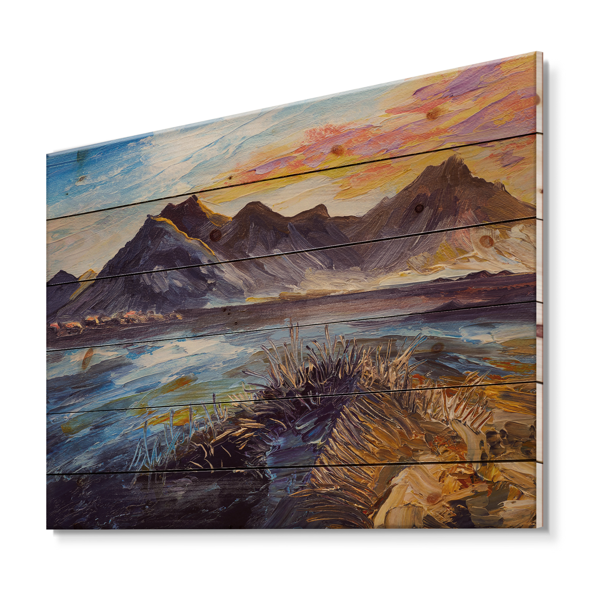 Designart 'Impression Pink Sunset Over The Mountains By The Sea' Nautical & Coastal Print on Natural Pine Wood