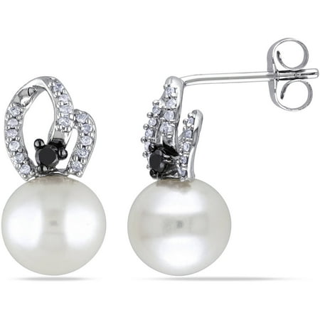 8-8.5mm White Round Cultured Freshwater Pearl and 1/6 Carat T.W. Black and White Diamond 10kt White Gold Earrings