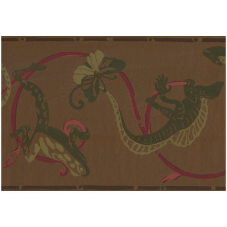 Wall Border - Green Lizard Butterfly on Garnet Red Damask Vine Coffee Brown Wallpaper Border Retro Design, Prepasted Roll 15 ft. x 10 (Damask Wallpapers 10 Of The Best)
