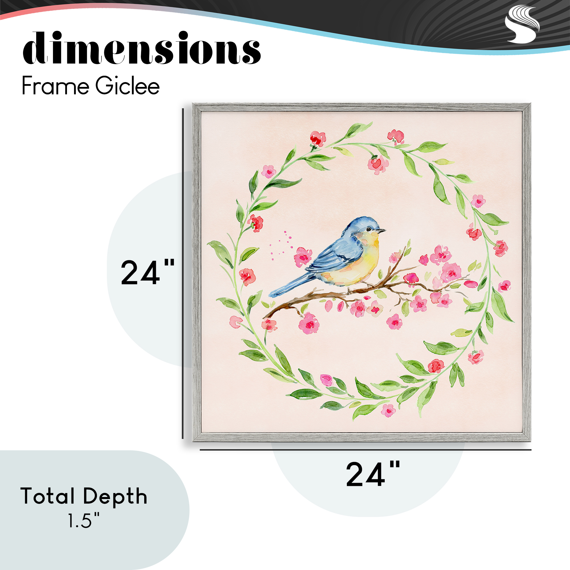 Spring Bird Wreath Perch Gray Framed Giclee Art, design by Elena Fay
