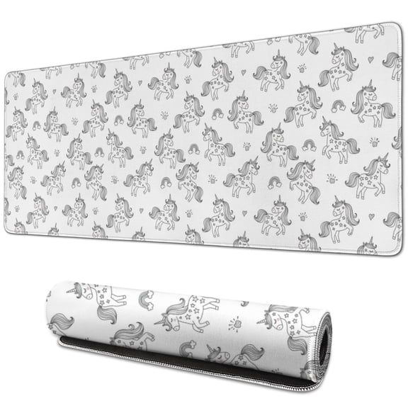 Long Mouse Pads for Desk,Gray Cartoon Unicorn Pattern Desk Mats on Top Of Desks, Desk Mouse Pad Extra Large with 3mm Non-Slip Base and Stitched Edge for Gaming,Office,Work,Home 31.5"x11.8"