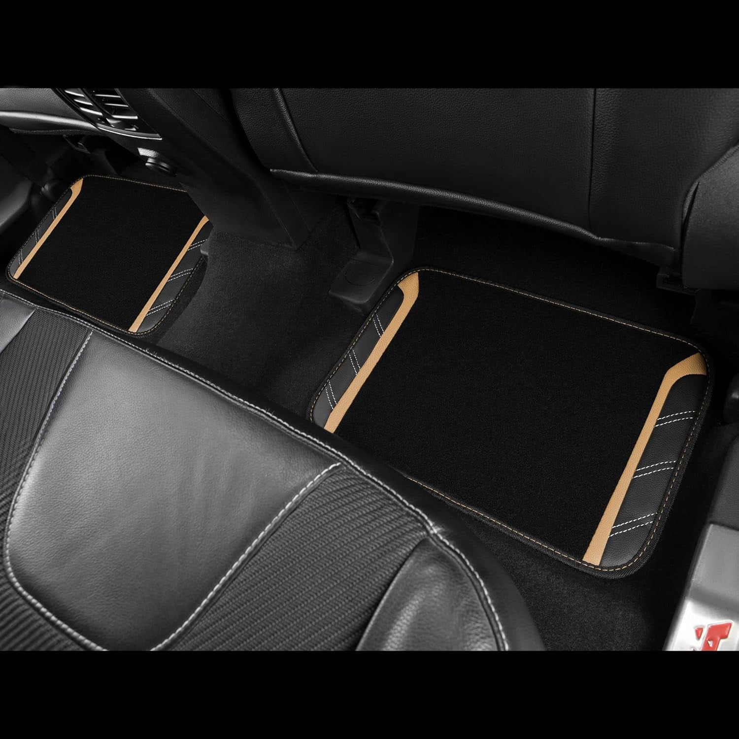 CAR GRAND Microfiber Steering Wheel Cover and Waterproof Car Floor Mats,Leather Universal Car Combo Fit for 95% Truck,SUV,Cars,14.5-15inch Sporty Anti-Slip Safety Comfortable Design(Black and Beige)