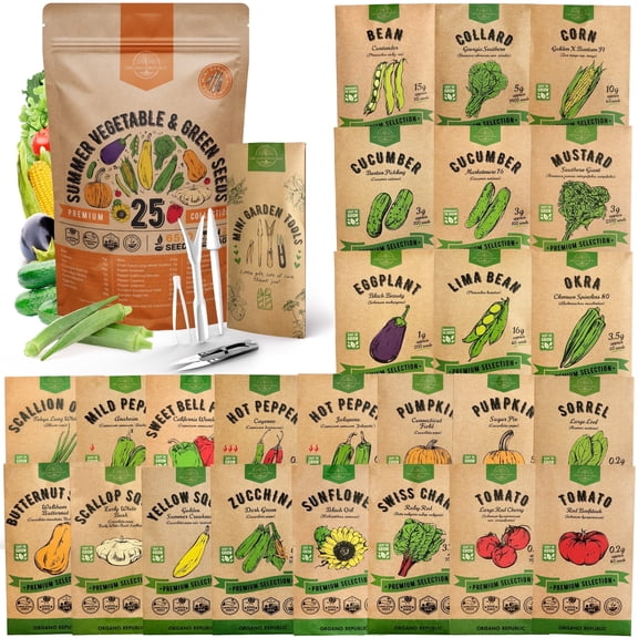 Organo Republic - 25 Summer Vegetable & Greens Seeds Varieties - 6,510  Non GMO Heirloom Garden Seeds