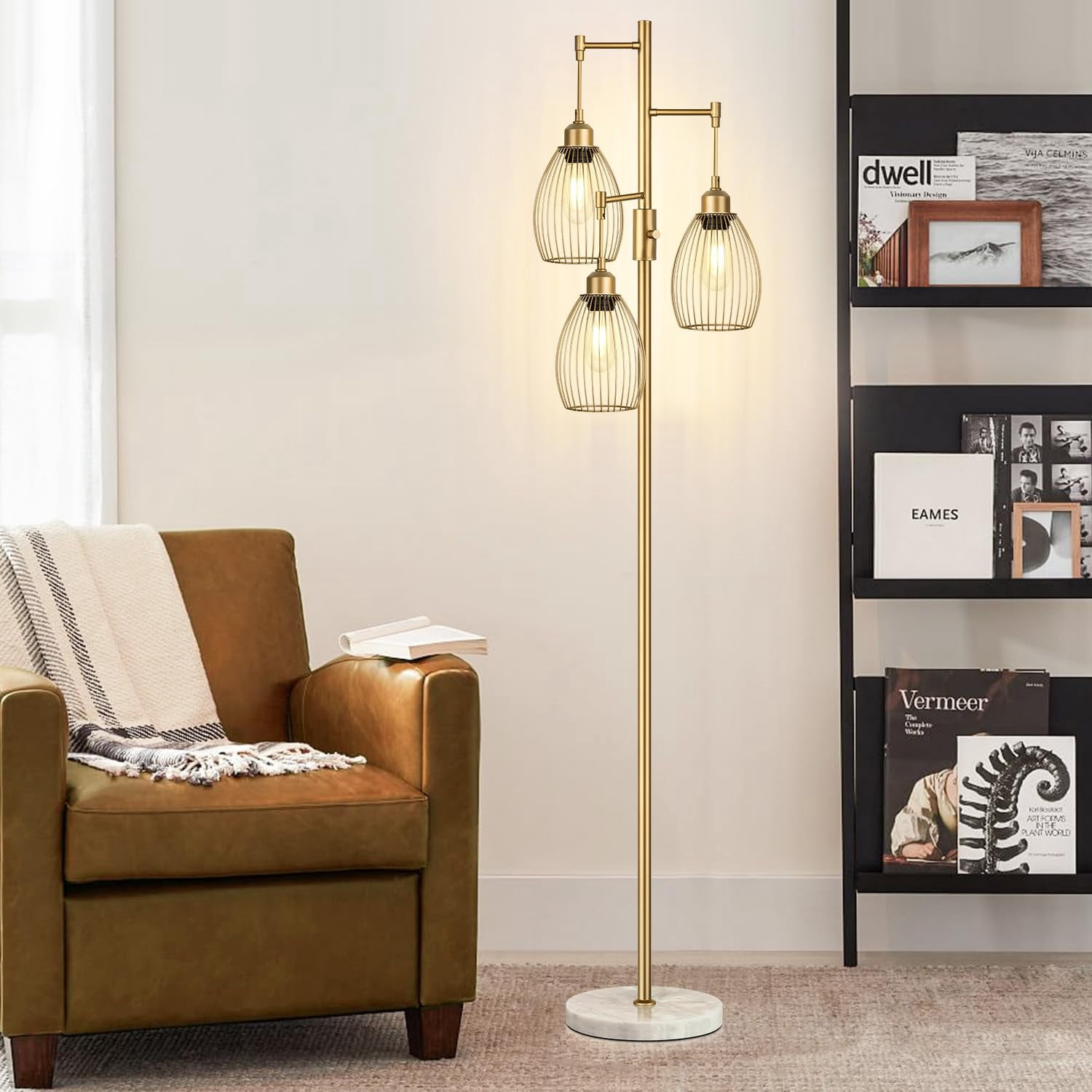 Dimmable Floor Lamps For Living Room  Industrial Standing Lamp With Marble Base Tree Tall Pole Light 3 Elegant Teardrop Cage Head & 800 Lumens Led Bulbs Bedroom Office
