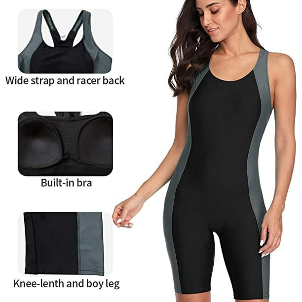  Beautyin Womens One Piece Boyleg Swimsuits Racerback Unitard  Sports Swimwear Gray/Black