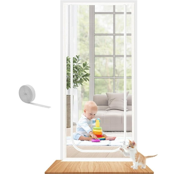 Reinforced Cat Screen Door, 32”X82” Cat Resistant Scratch Proof Mesh Screen Door with Zipper for Living Room,Kitchen,Bedroom, Living Room,Patio Door