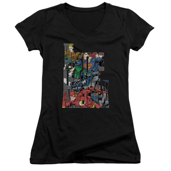 JLA Justice League Lettered League Junior Women's T-Shirt V-Neck Black