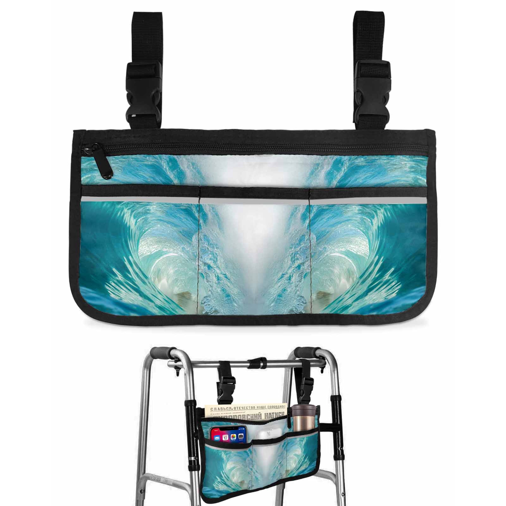 Summer Sea View Wheelchair Side Bag with Cup Holder, Blue Green Tube Wave Seawater Natural Beauty Wheelchair Armrest Bag Storage Pouch Adults, Seniors for Walkers, Rollator, Scooter