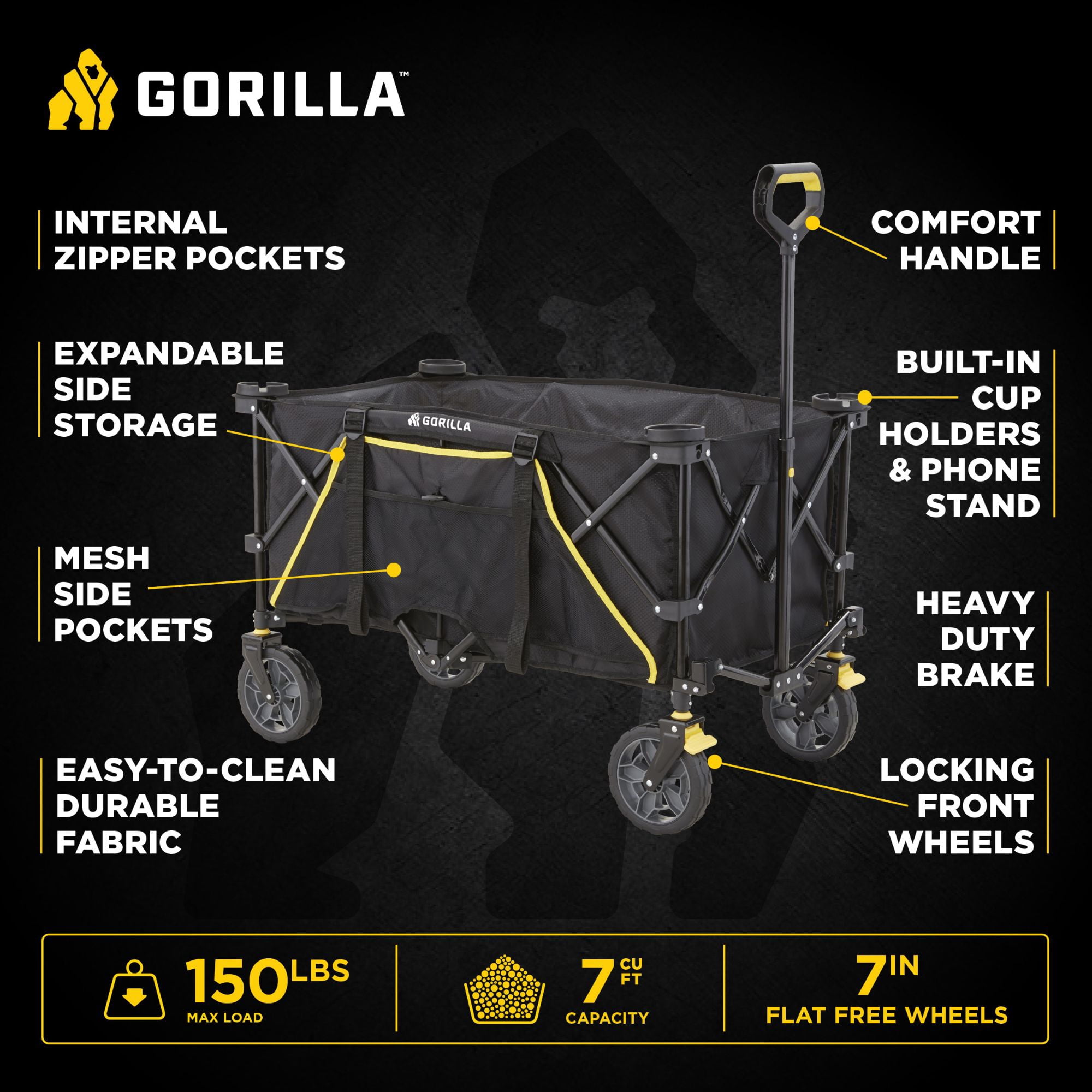 Gorilla Carts Collapsible Folding Wagon Cart, 7 Cu Ft Bed, 150 lb Load Rating, Black