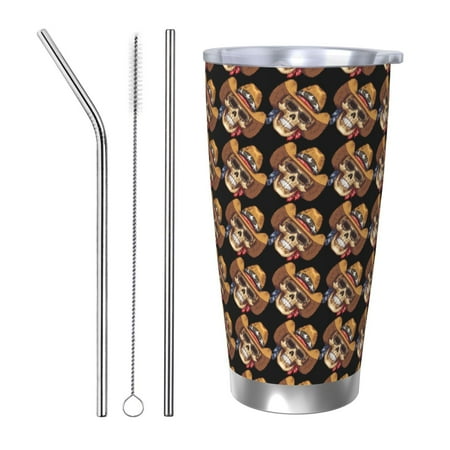 

Gaeub Wild West Cowboy Skull Print 20-Ounce Stainless Steel Car Cup Tumblers Cups with Lids and Straw Coffee Cups for Adults Kids Home Car Office School Travel Party-Straw Three-piece Set