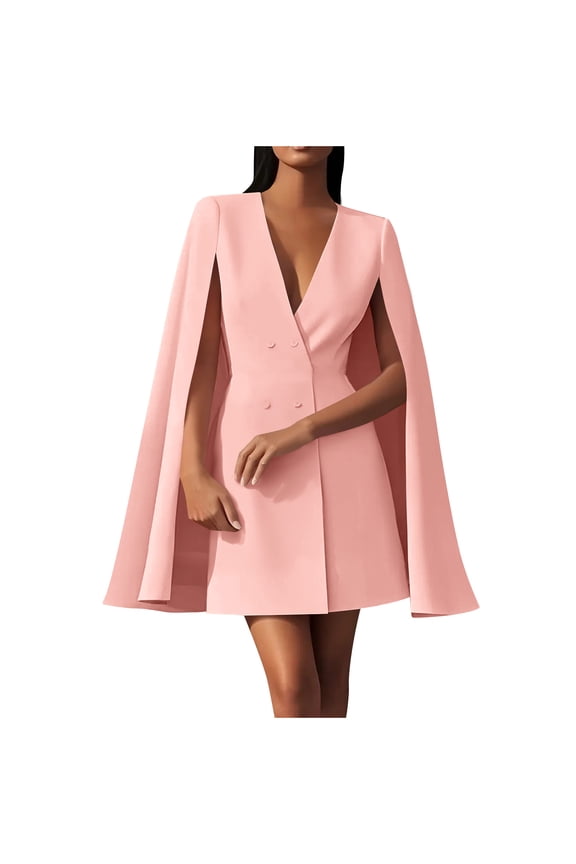 Women's Fall Double Breasted Shawl Cape Blazer Suit Dress, Structured Polyester Mid-Length Office Dress for Professional Commuting