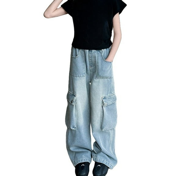 KAUOD Boys Baggy Straight Wide Leg Denim Pants Elastic Waist Loose Cargo Jeans Multiple Pockets Y2k 90s Hip Hop Streetwear