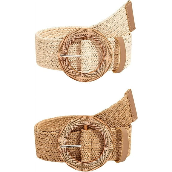 YooGuoGuo Women's 2 Pack Boho Straw Belts Woven Elastic Stretch Belts with Round Buckle
