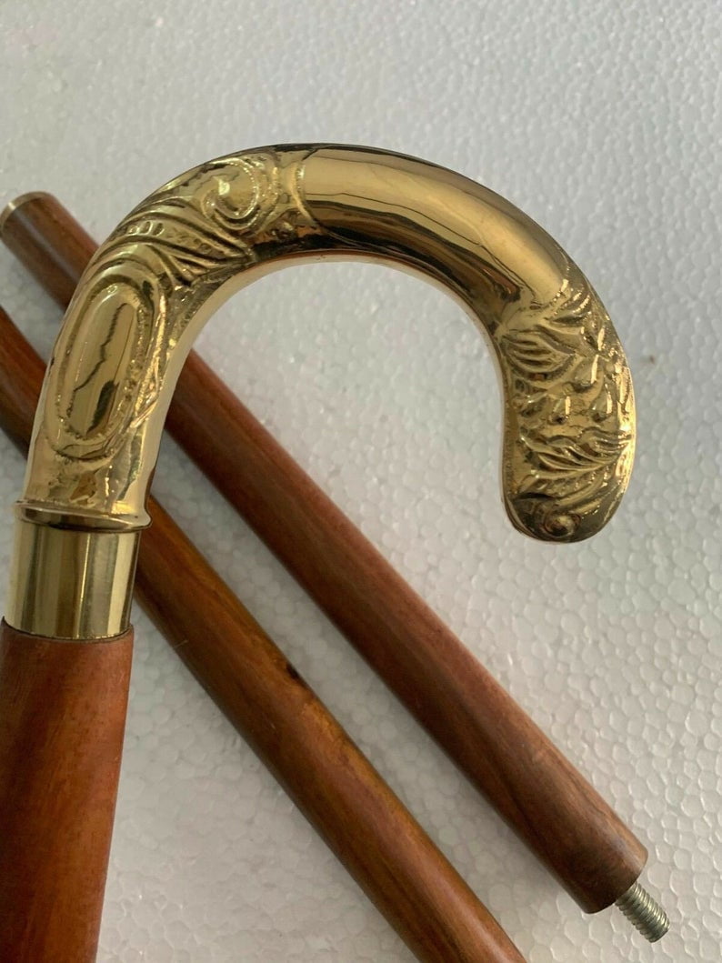 Antique Brass Handle Vintage Style Brown Wooden Walking Stick Cane Handmade Gift 