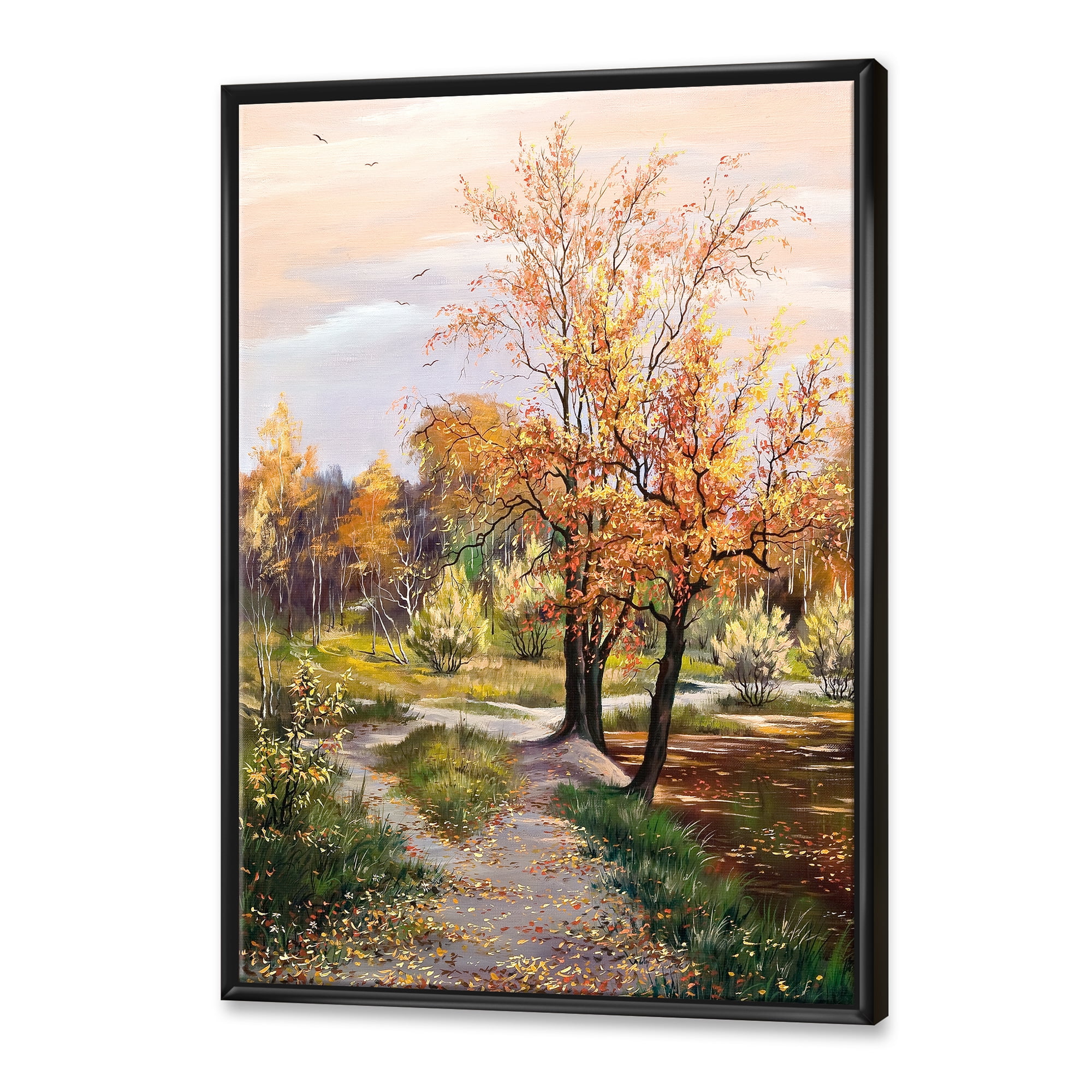 The Orange Woods Along River 30 in x 40 in Framed Painting Canvas Art Print, by Designart