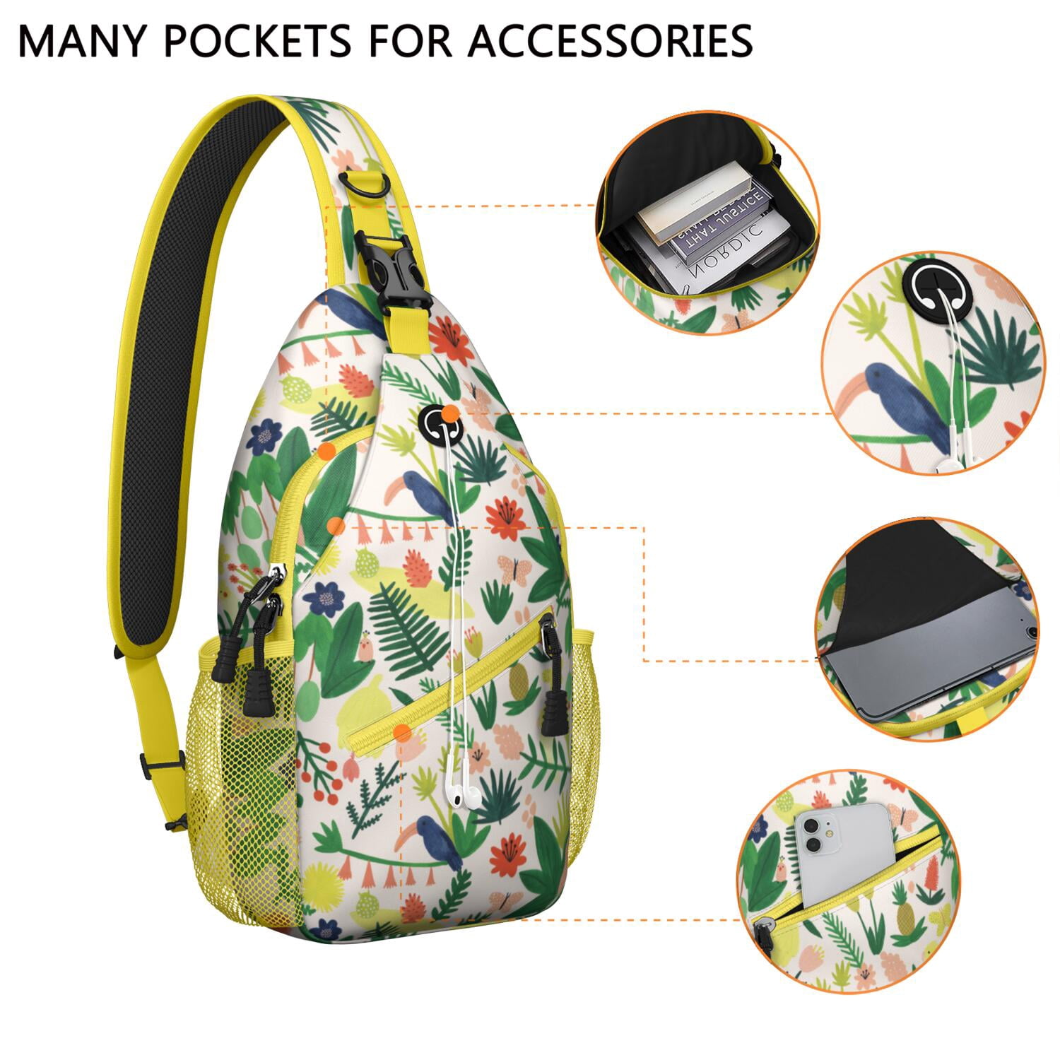 Palm Leaf and Exotic Floral Sling Bag - Breathable Crossbody Bag - Versatile Wear for Hiking, Beach, Casual Outings