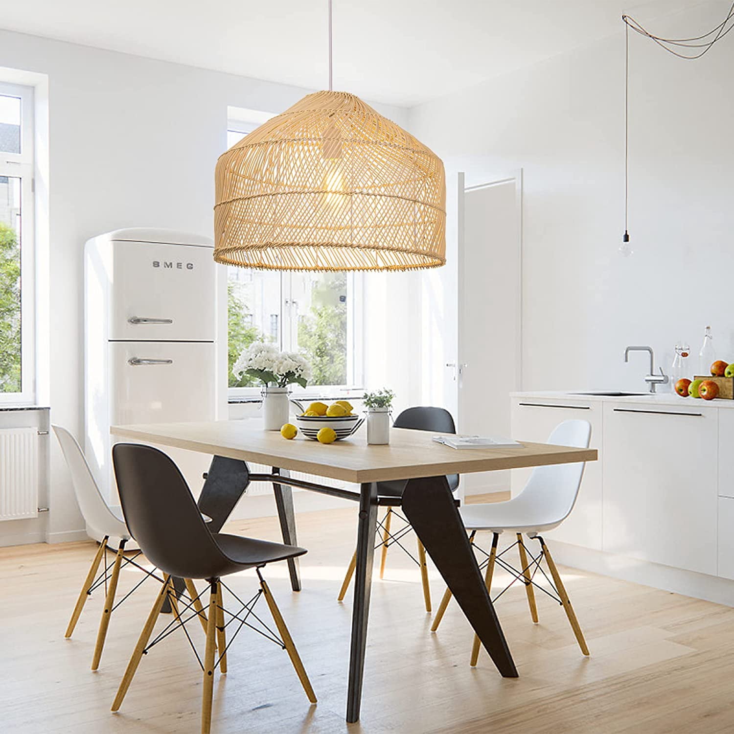 Arturesthome Black Rattan Pendant Lights Lampshade Wicker Hanging Light Fixture Chandelier for Kitchen Island Dining Room Entryway Hallway