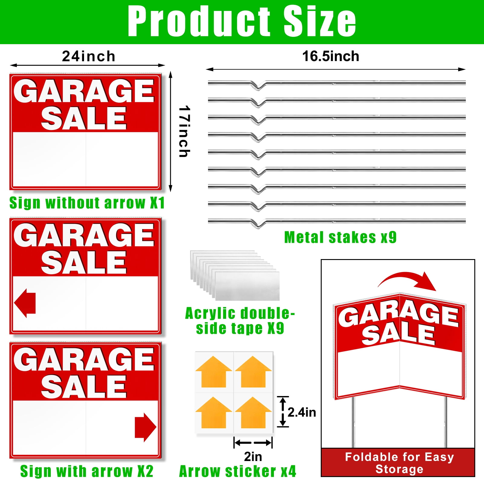 cyrico 3 Pcs Garage Sale Signs with Stakes, 24" x 17" Extra Large Yard Sale Signs, Double-Sided Weatherproof Corrugated Plastic, Includes Directional Arrow Stickers for Outdoor Garage Sale Supplies