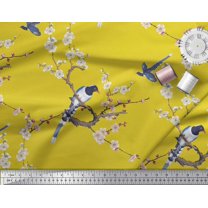 Soimoi Yellow Moss Georgette Fabric Floral & Pin Tailed Whydah Bird Print Fabric by The Yard 44 Inch Wide