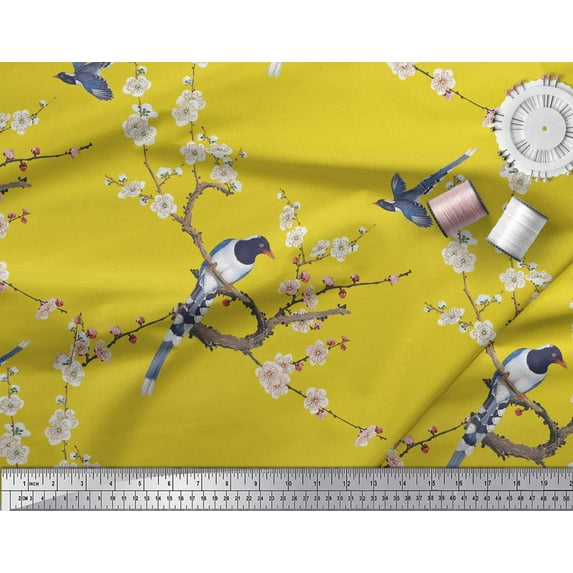 Soimoi Yellow Poly Georgette Fabric Floral & Pin Tailed Whydah Bird Decor Fabric Printed BTY 42 Inch Wide