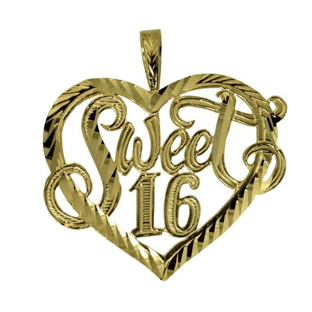 Cut Toggle Charm - 14K Real Yellow Gold Sweet 16 Diamond Cut Heart Charm Pendant