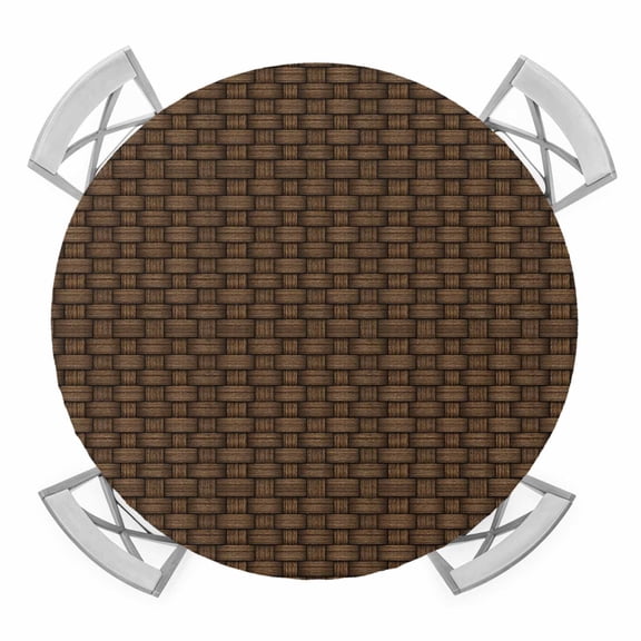 Elastic Fitted Round Tablecloth, Dark Brown Rattan Waterproof Stretch Table Cover for 36"-44" Tables, Vintage Abstract Wicker Texture Washable Outdoor Tablecloths for Patio, Picnic, Camping