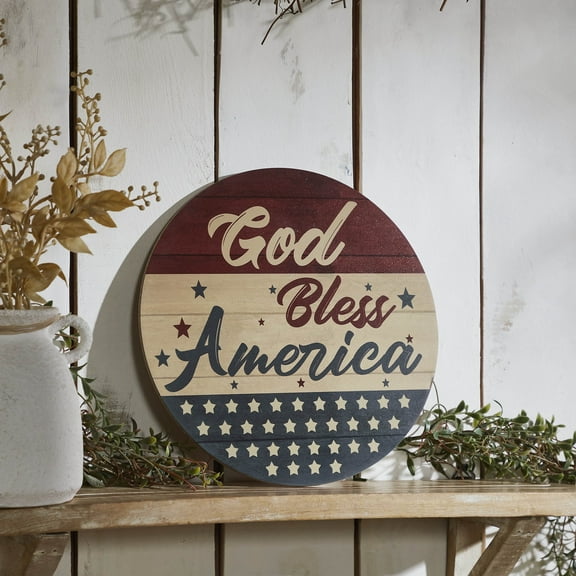 VHC Brands Patriotic God Bless America Round MDF Wall Hanging 11 Inch Diameter, Independence Day Decor, Decorative Sign, Rustic Farmhouse Fourth of July Decorations