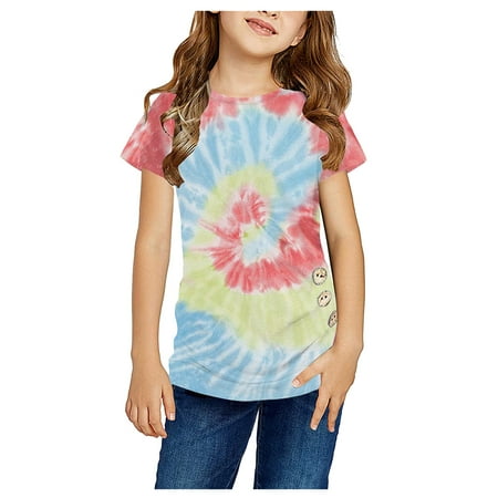 

Baby Girls Printed Sleeve T-Shirt Ruffles Tops Rainbow Short Tie-Dyed Tops