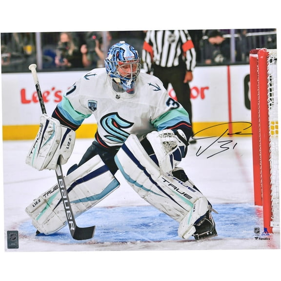 Philipp Grubauer Seattle Kraken Autographed 16" x 20" First Game vs. Las Vegas Golden Knights Photograph - Fanatics Authentic Certified