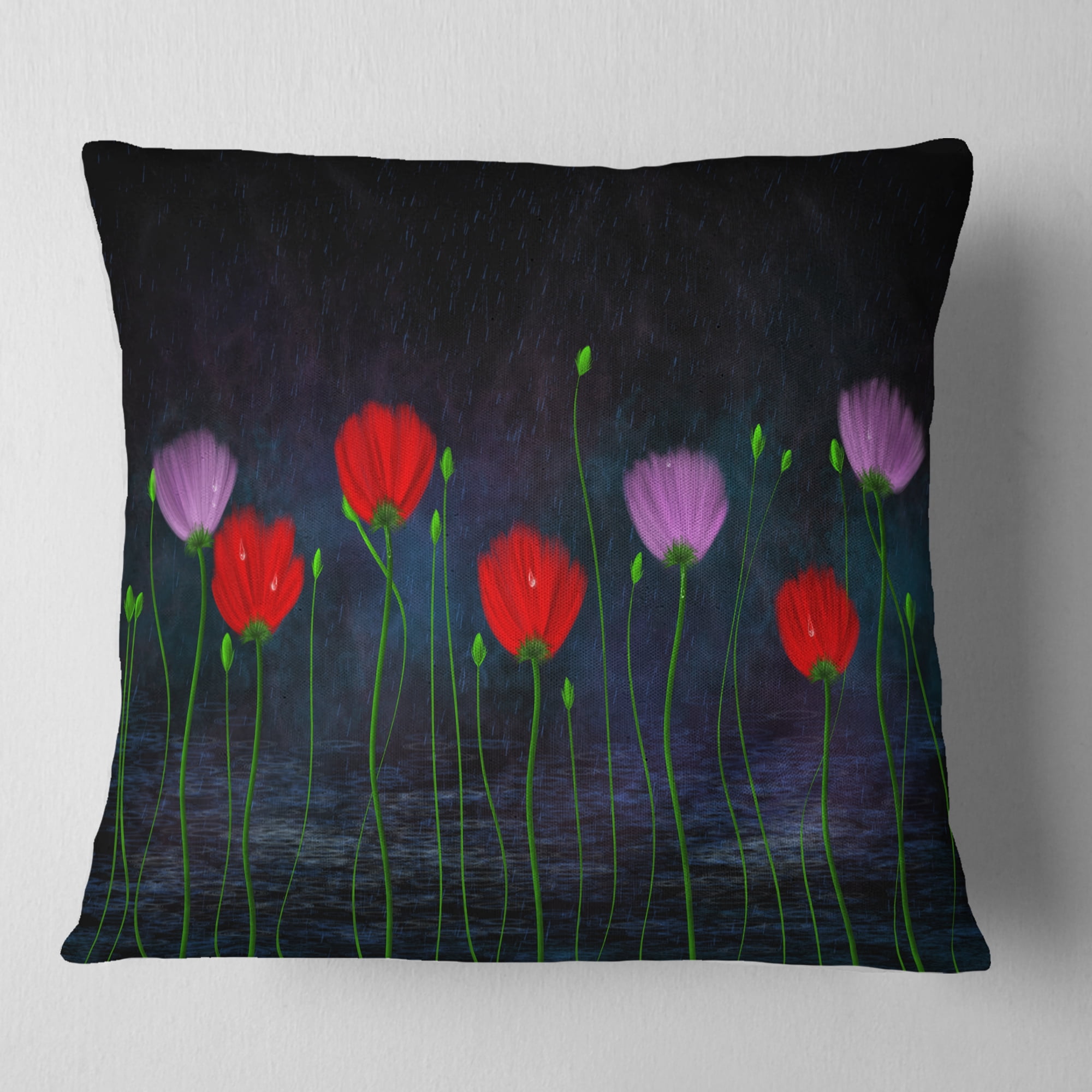 Designart Rain and Flowers with Buds and Drops - Floral Throw Pillow - 18x18