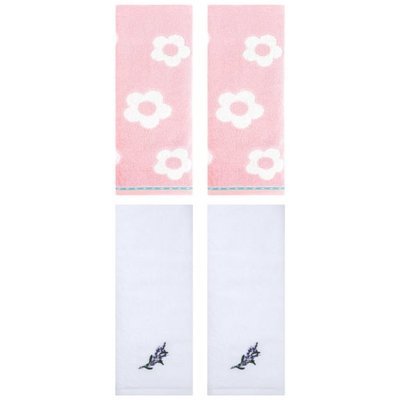 Unique Bargains Cute Floral Soft Hand Towel 4 Pcs Pink/White 14" x 30"/13" x 29"
