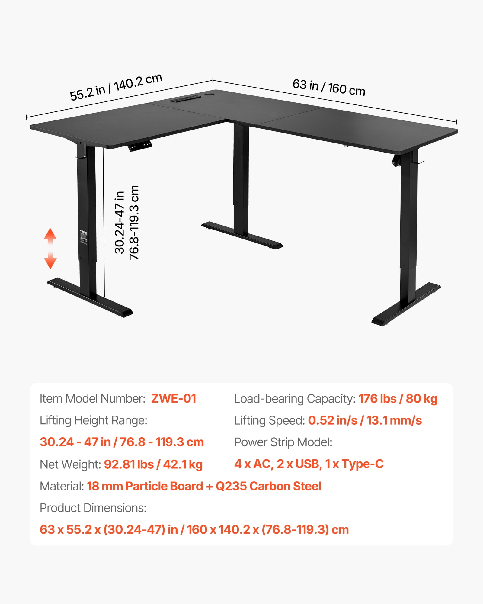 VEVOR L Shaped Desk, Electric Adjustable Height Corner Gaming Desk with Dual Hooks and Wheels, Heavy Duty Carbon Steel L-Shaped Computer Table with Power Strip for Home Office, Easy to Assemble