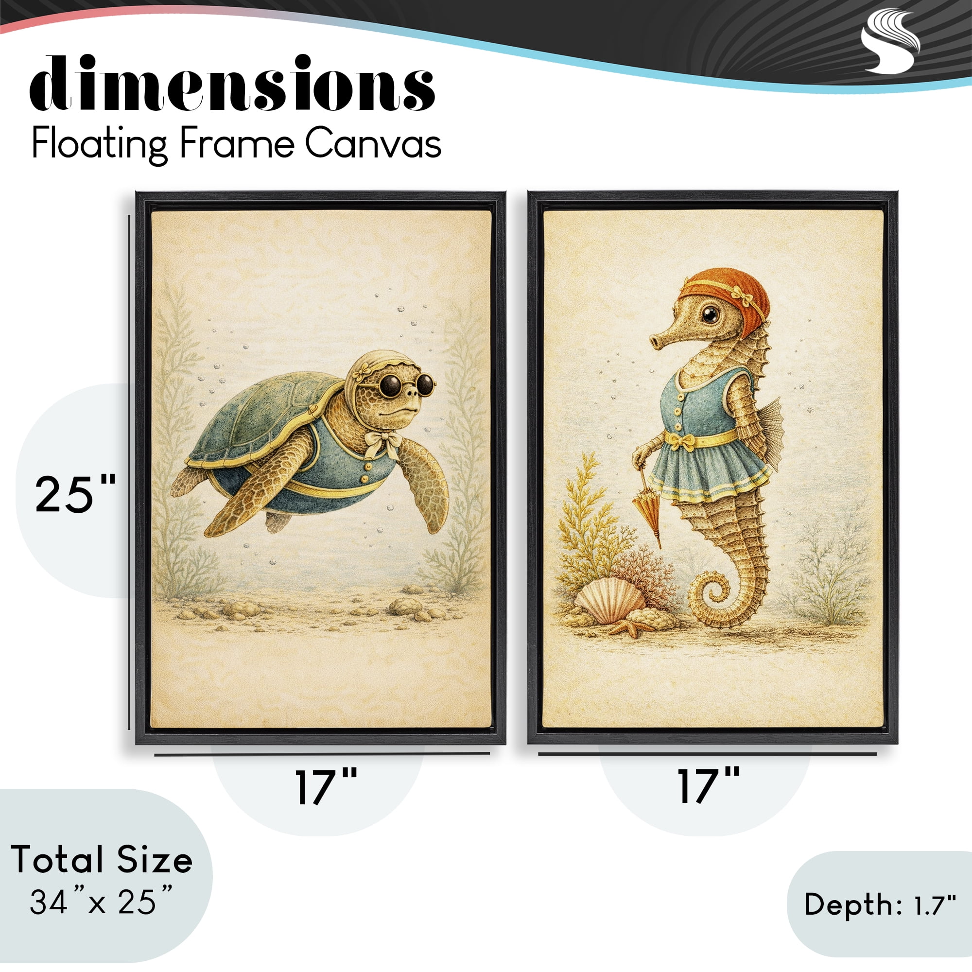 Stupell Industries Vintage Maritime Bathing Animals 2 Piece Black Framed Floater Canvas Set, design by Grotto Studios