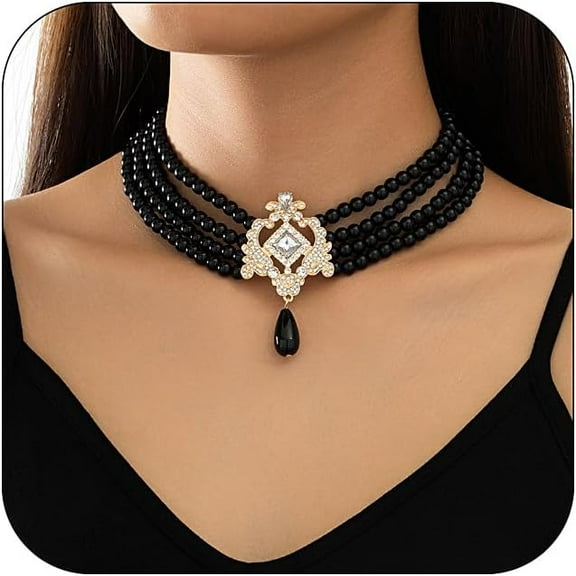 Boho Layered Pearl Rhinestones Choker Necklace Vintage Chunky Pearl Crystal Pendant Short Necklace Chain Bridal Prom 1920s Costume Party Jewelry for Women