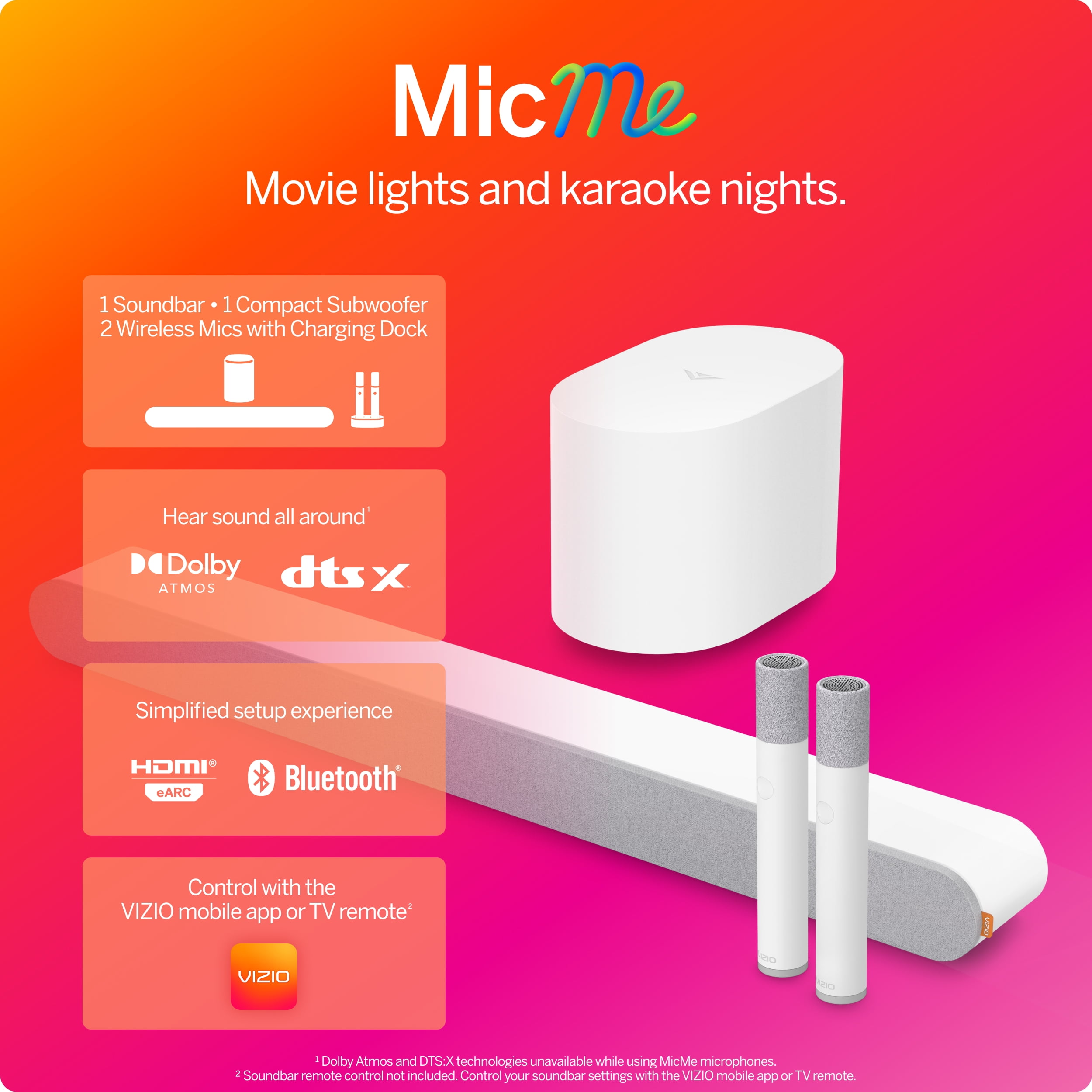 VIZIO MicMe 2.1 Karaoke Soundbar, 2 Wireless Microphones, Wireless Subwoofer w/ Dolby Atmos, DTS:X, Bluetooth — SK210X-0805 (New)