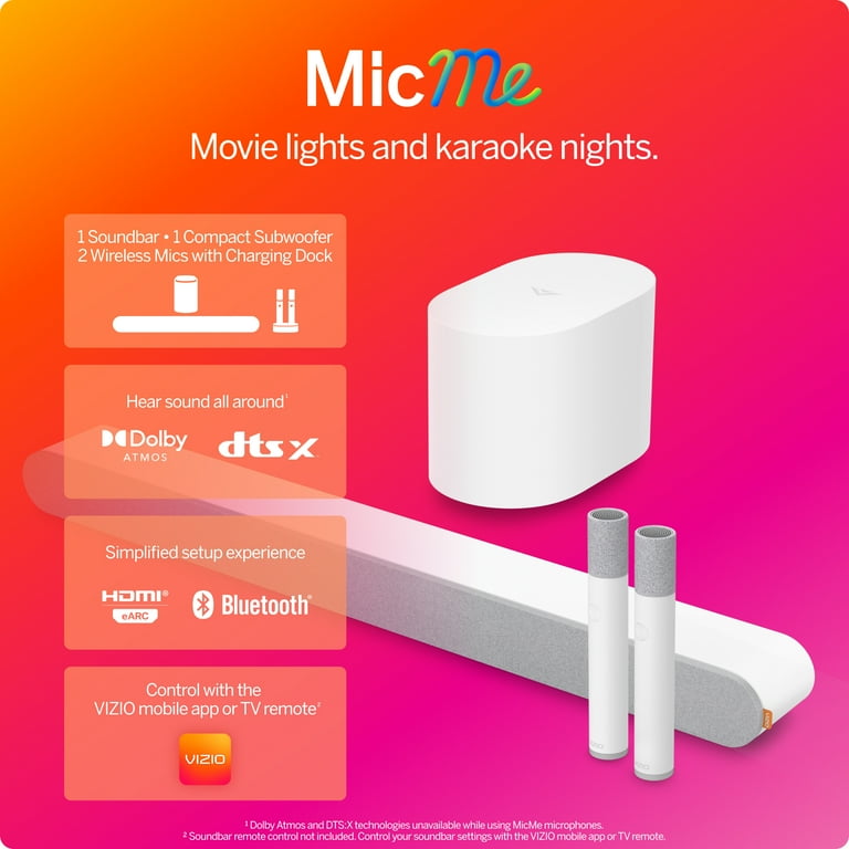 VIZIO MicMe 2.1 Karaoke Soundbar, Dolby Atmos, Wireless Subwoofer