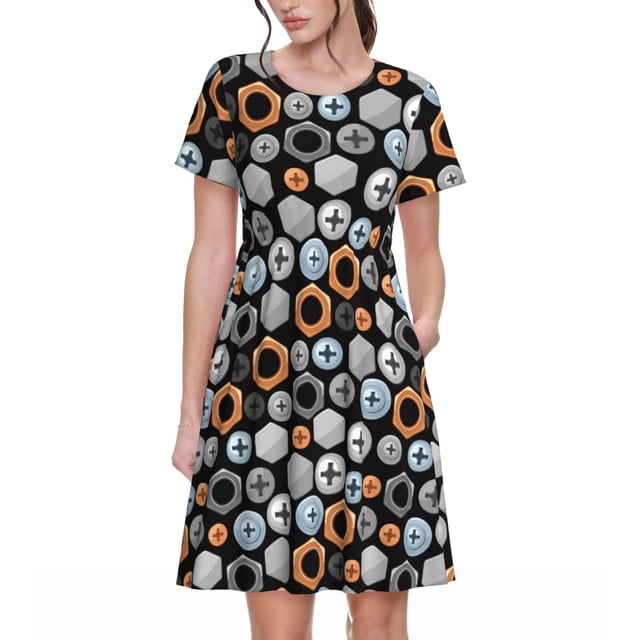 Balery Colorful Screws Vestidos sueltos de manga corta para mujer, vestidos de verano 2025, vestidos casuales de corte A con vuelo.