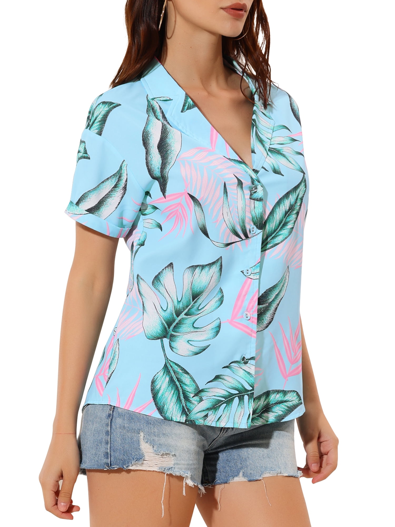 DARING DIVA Floral Leaves Print Short Sleeve Beach Top XS Blue Pink