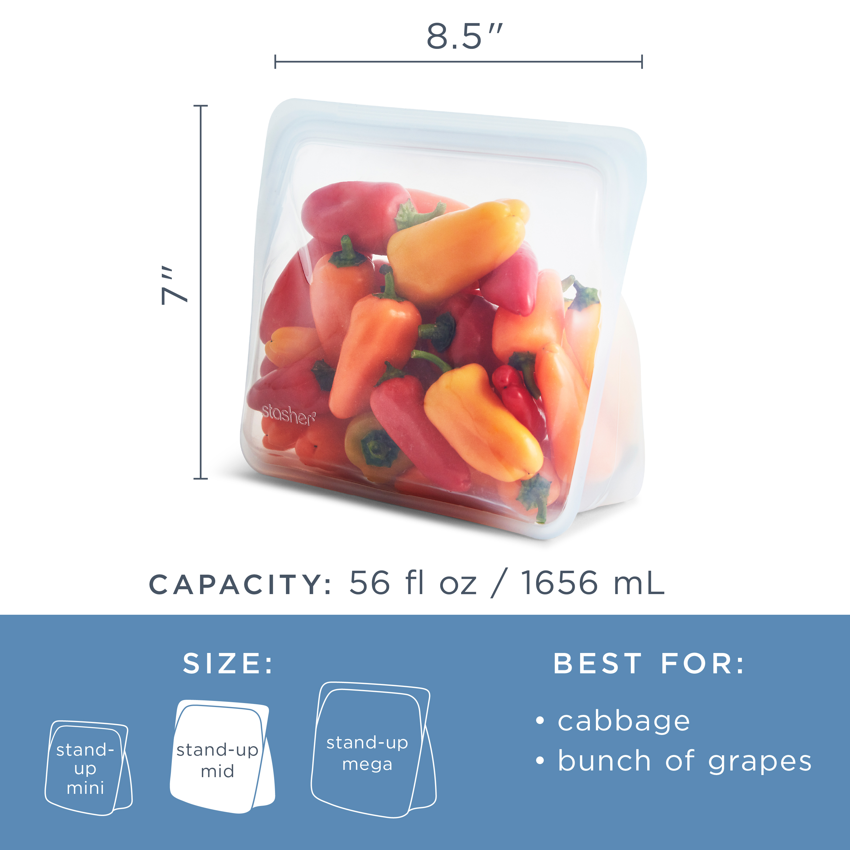Stasher Premium Reusable Silicone Mid Container, 56 oz, Clear photo 2