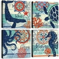thumbnail image 1 of Coastal Wall Decor Navy Blue Beach Wall Art for Bedroom Canvas Prints Ocean Whale Poster Artwork Sea Life Aesthetic Painting 4Pcs/Sets Turtle Octopus Pictures Office Bathroom Home Decoration 14 x 14", 1 of 6