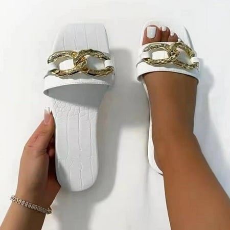 

Fidelma Women s sandals Women Fashion Open Toe Slide Slippers Non-Slip Metal Buckle Flat Bottom Shoes White-41