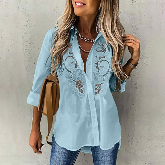 DAFPZW Womens Vintage Button Down Shirt Long Sleeve Lace Hollow Out Dressy Casual Tunic Tops Fall Spring Back to School Blouse