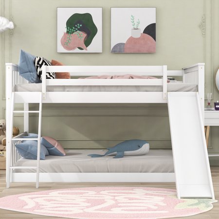 Full Over Full Bunk Bed with Convertible Slide and Ladder  Bedroom Wood Bunkbed Fram Furniture w/ Guardrails for Kids  Adults  No Box Spring Needed  White