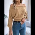 thumbnail image 4 of Suéter de Mujer con Hombros Descubiertos, Jersey de Punto con Cable Liso, Top Informal de Larga, Suéteres Cortos Caqui XL, 4 of 10