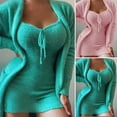 thumbnail image 1 of Neinkie Ensemble de Pyjamas pour Femmes 2 Pcs/Set Couleur Unie Col en V Décolleté Sans Manches Robe Thermique Confortable Ajustée Manches Longues avec Cordon de Serrage Ensemble de Nuit pour la Maison, 1 of 7
