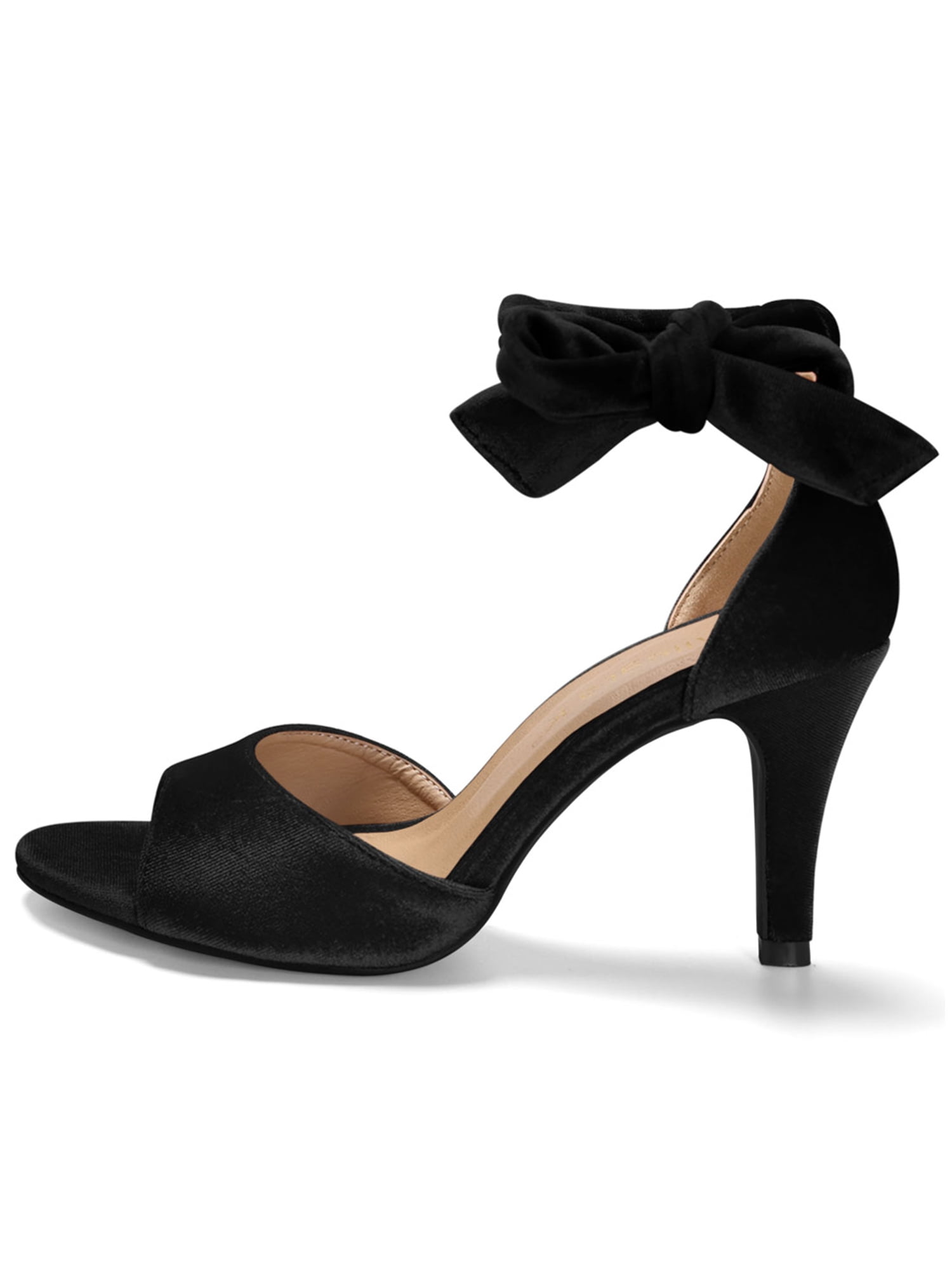 Unique Bargains Women's Stiletto Heel Velvet Lace Up Sandals Black (Size 8)
