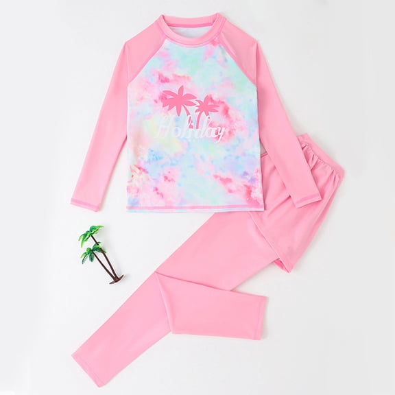ATOGUTA Girls Two Piece Swimsuit Long Sleeve Beach Bathing Suit Sun Protection Summer Beach Swimwear Pink, Size 5T-10