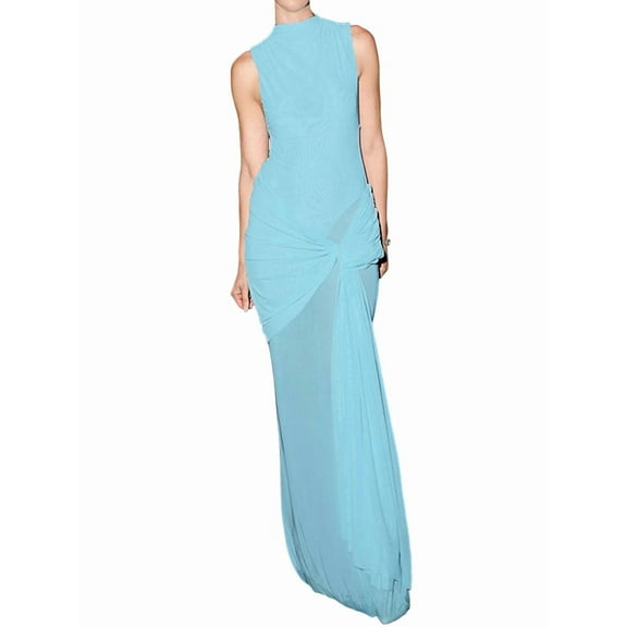 Women'S Solid Color Sleeveless Stand Collar Slim Fit A-Line Dress Blue L