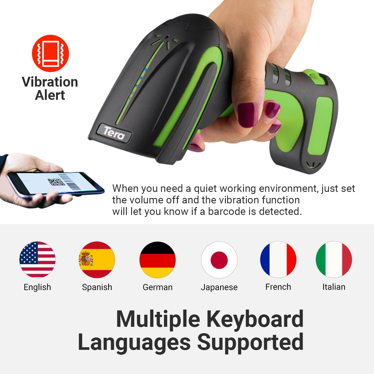 Tera Wireless Industrial 2D Barcode Scanner with Stand 3 in 1 connection  Anti-Drop Bar Code Reader Green 8100